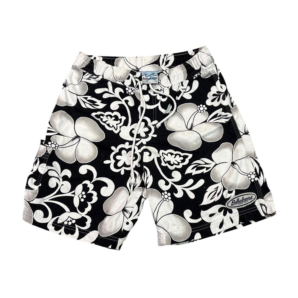 Y2K Billabong Board Shorts Black White Hibiscus Tropical floral size 30